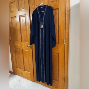 Women’s Abaya Plus Size 5 (2X/3X) Navy Blue Long Sleeve Maxi Beaded Dress NEW